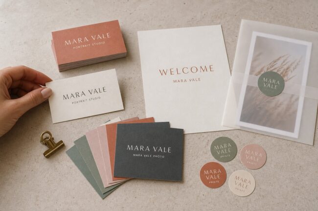 Photographer's print kit flat-lay · artboard and cotton stock · full-colour print · velvet laminate · cards, welcome note, seals and a sleeved print