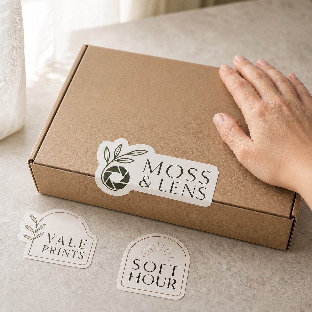 Die-cut logo stickers · white vinyl · full-colour print · matte finish · sealing a kraft delivery box