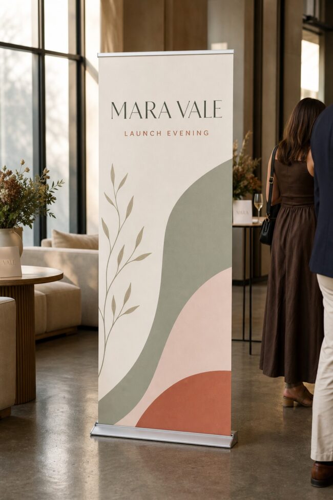 Luxury retractable banner stand · anti-curl satin media · full-colour print · matte photo-ready finish · brushed satin-silver base
