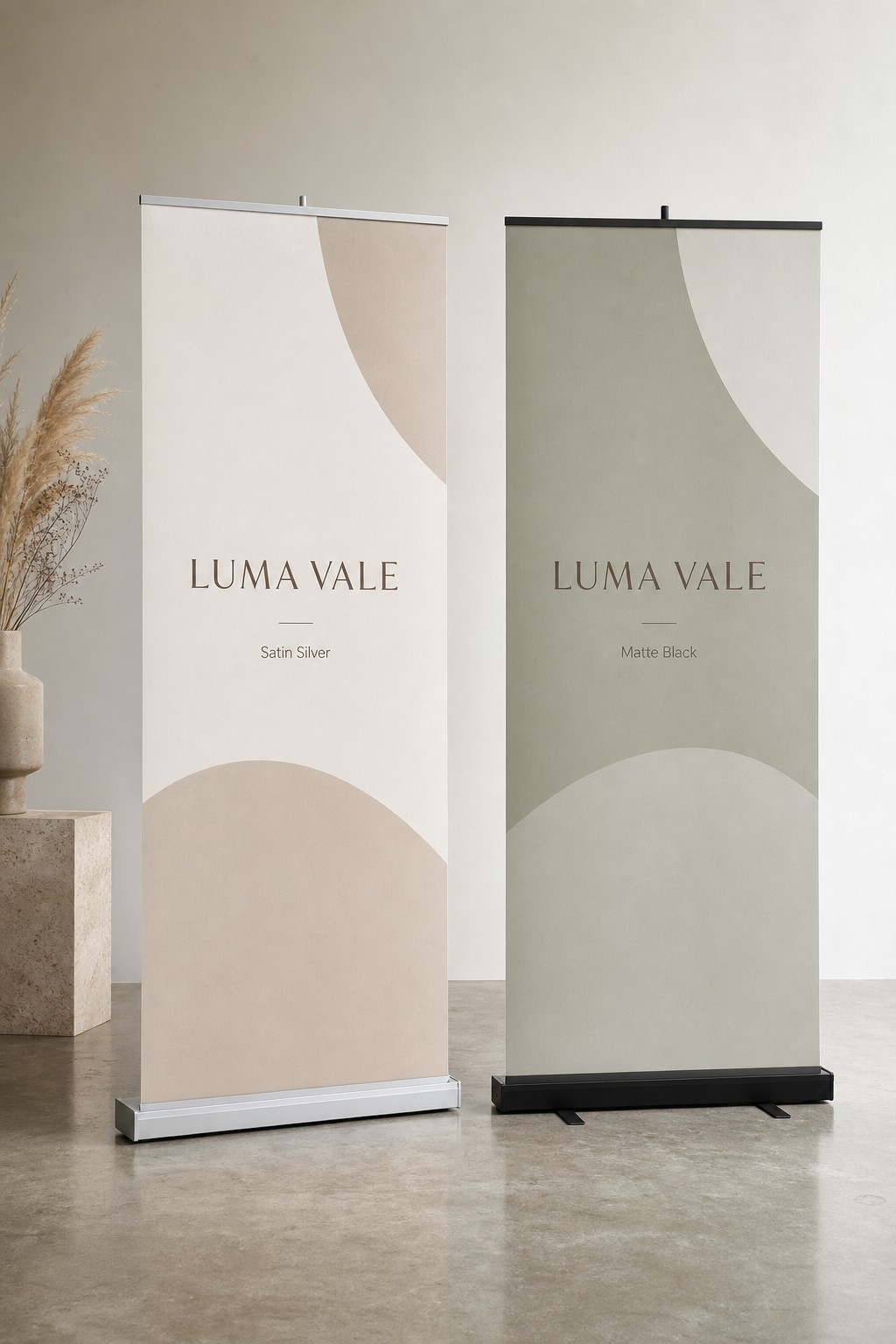 Left brushed satin-silver base · Right matte-black aluminium base · anti-curl satin media · full-colour print