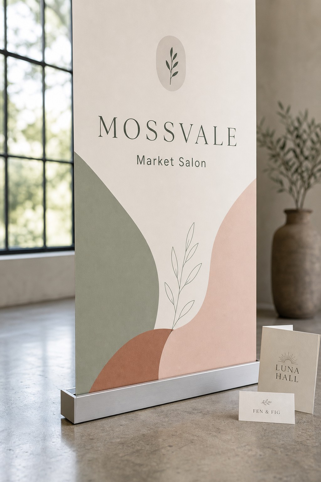Luxury banner base close-up · brushed aluminium cassette · low-profile flat housing · integrated end caps · single satin-silver support pole