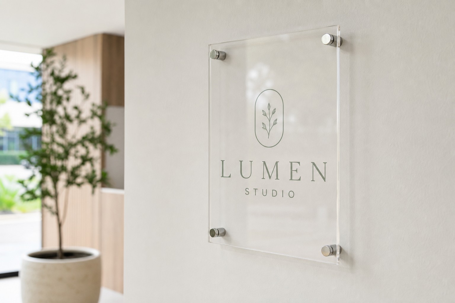 Close-up of a 3mm clear acrylic sign mounted on brushed chrome standoff fixings in a modern office foyer