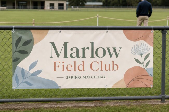 Outdoor PVC vinyl banner · 440-510gsm PVC · full-colour solvent print · hemmed edges and corner eyelets · cable-tied to a sports-ground fence