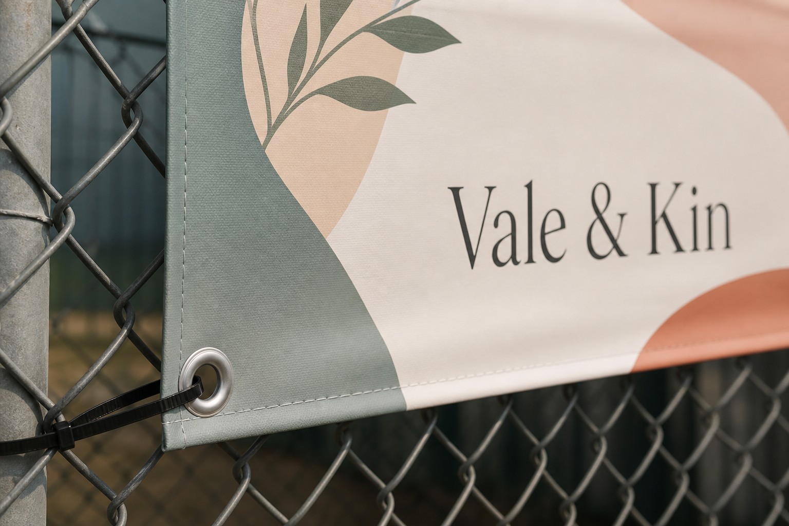 Banner corner detail · heavy matte PVC · solvent print · welded hem with metal eyelet and black cable tie