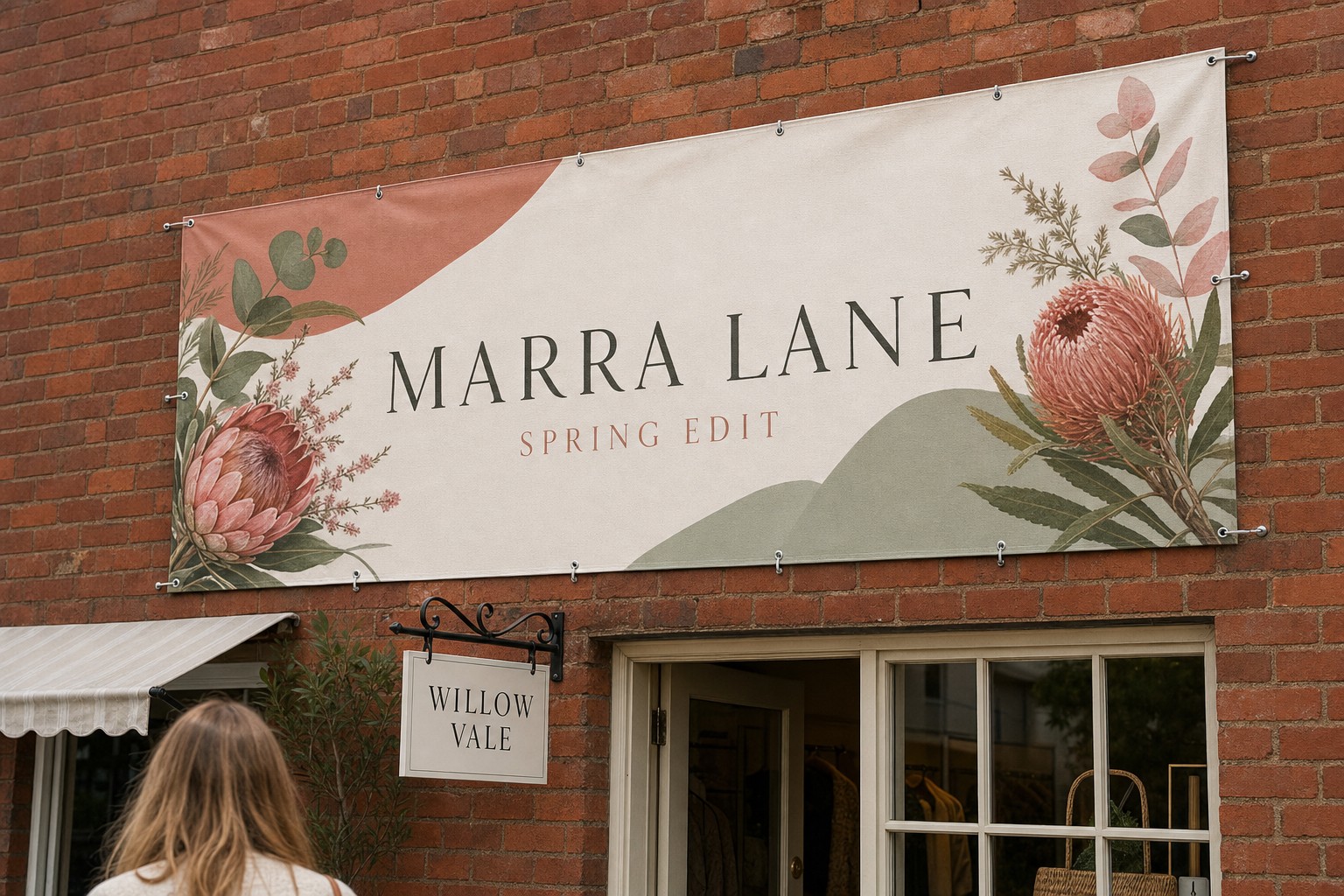 Wall-mounted PVC vinyl banner · 440-510gsm PVC · full-colour solvent print · hemmed edges with eyelets · fixed flat above a shopfront