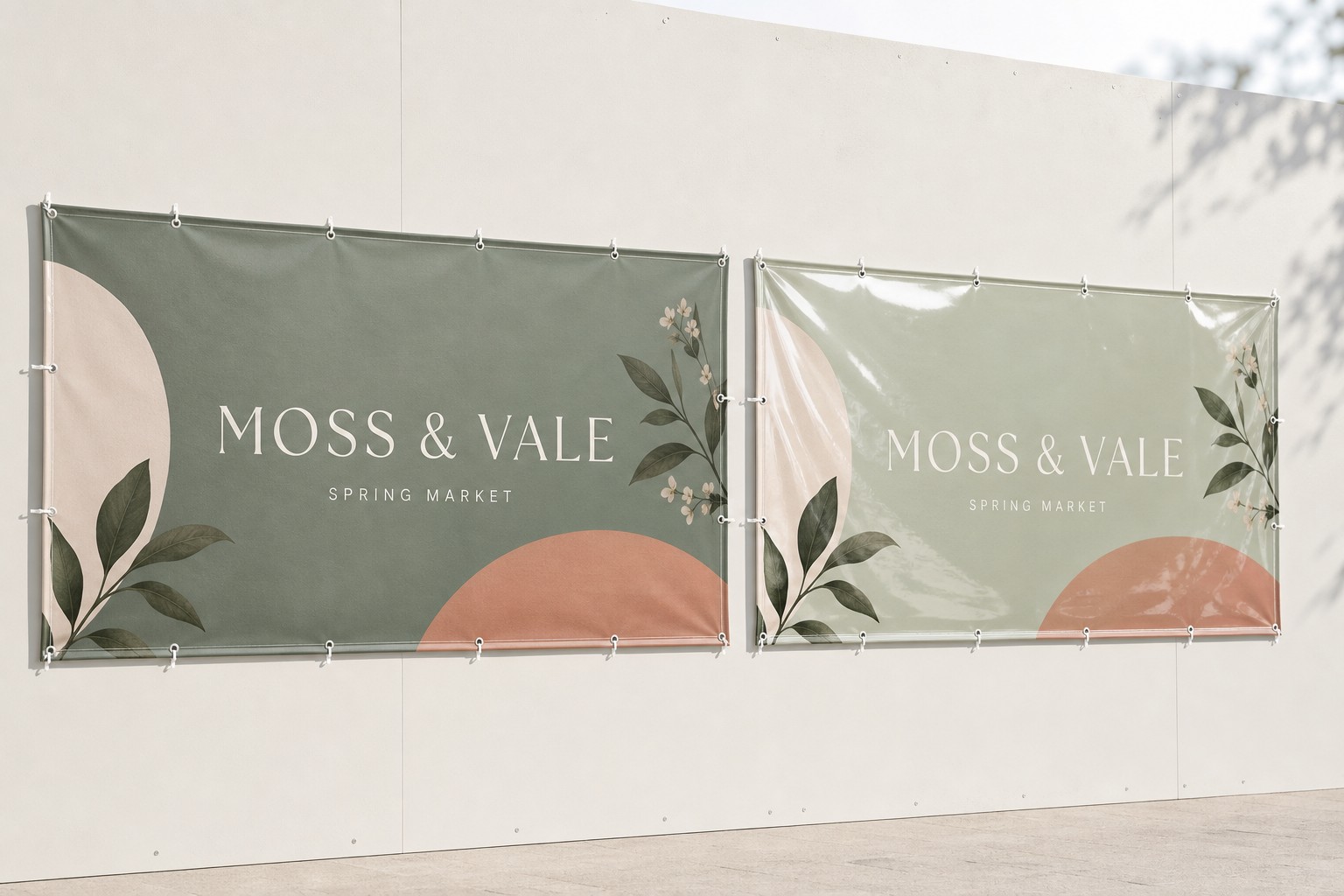 Matte PVC left · gloss PVC right · 440-510gsm PVC · full-colour solvent print · same design, two finishes