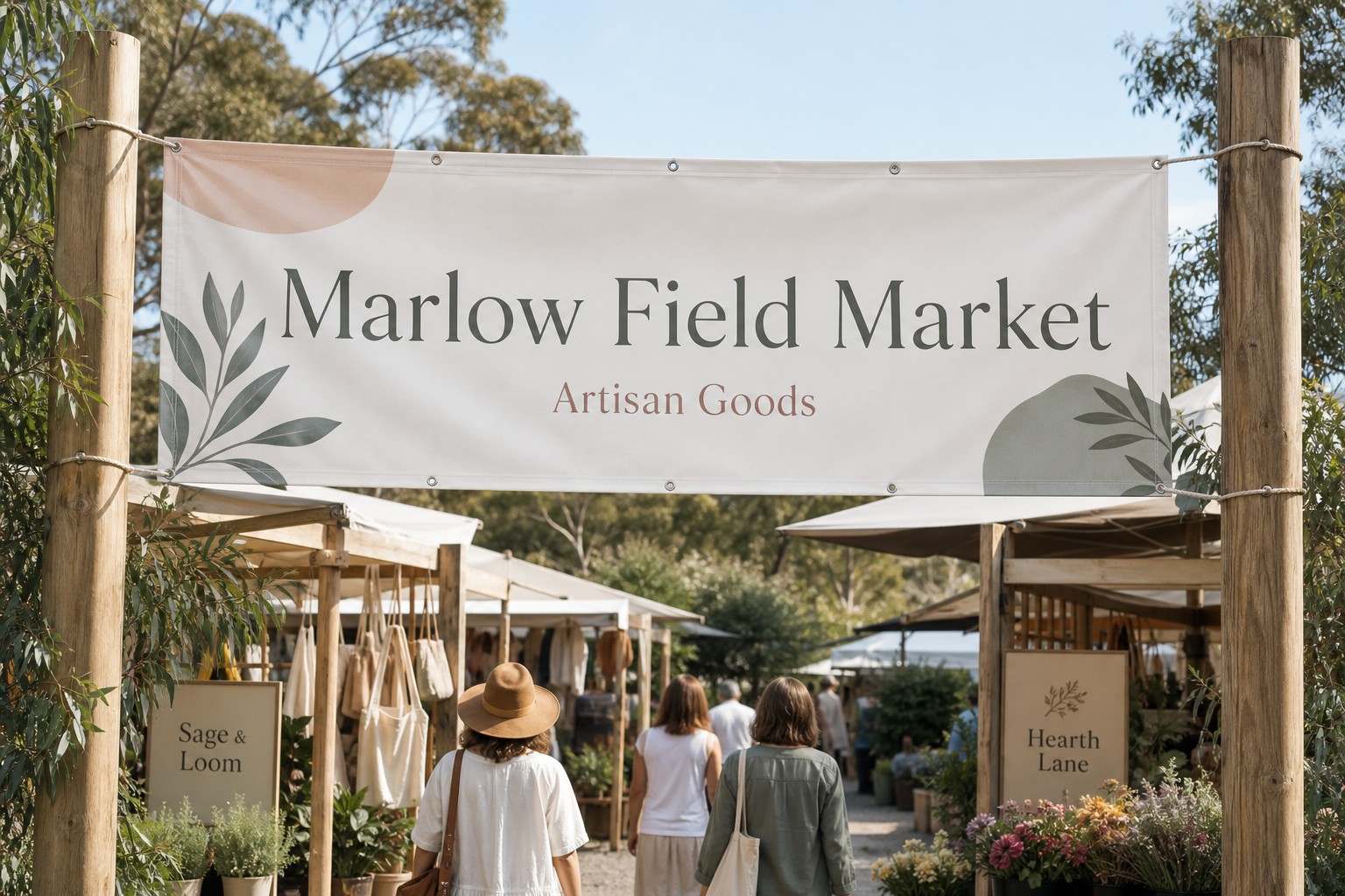 Wide event banner at a market entrance · 440-510gsm PVC · full-colour solvent print · hemmed edges with eyelets · strung between timber posts
