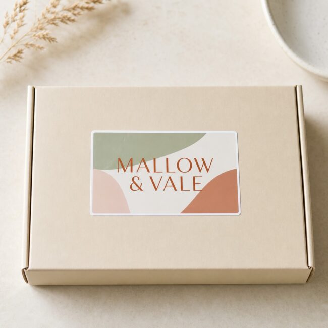 Landscape rectangle label on packaging · durable white vinyl · full-colour digital print · gloss laminate