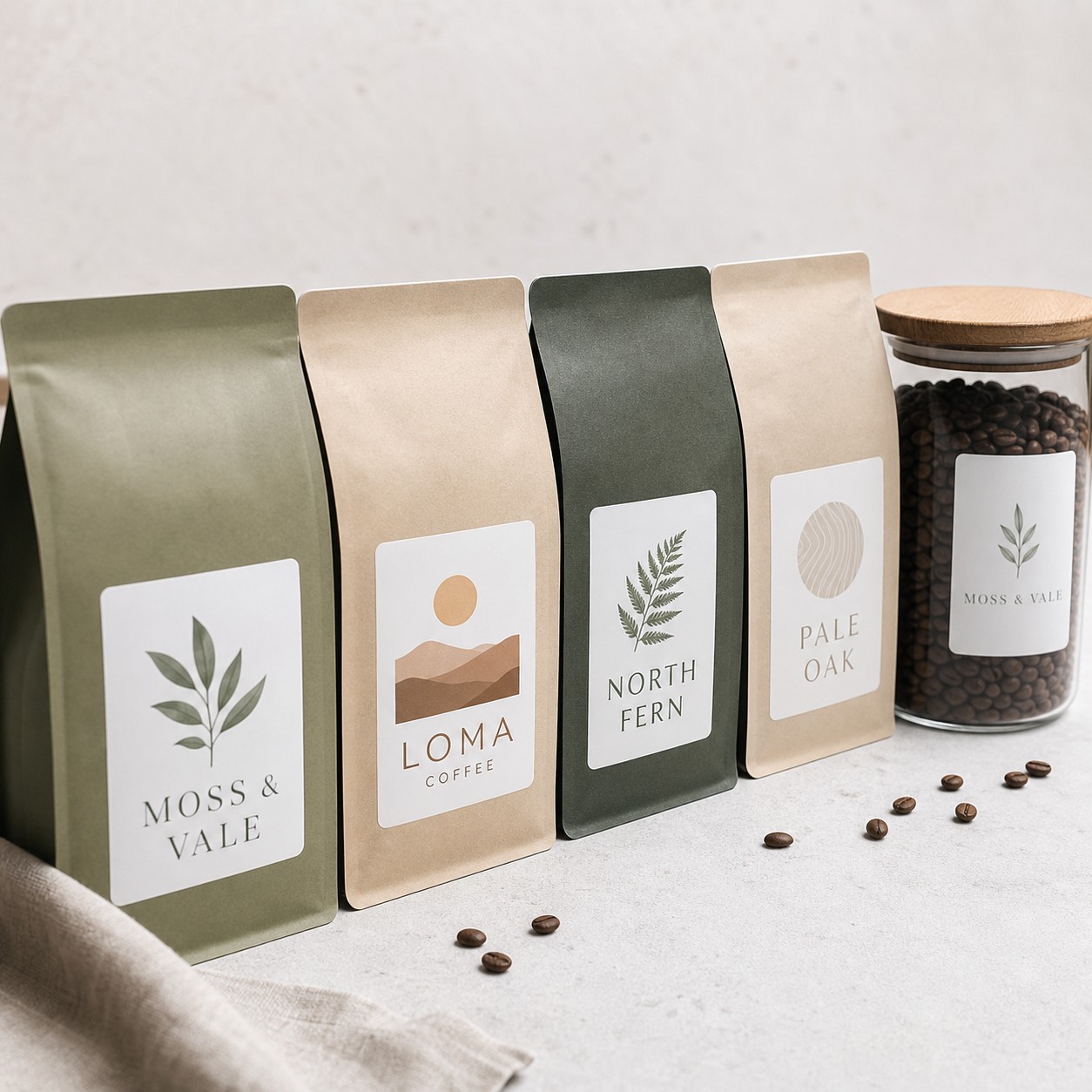 Rectangle product labels on kraft coffee bags · durable white vinyl · full-colour digital print · matte finish