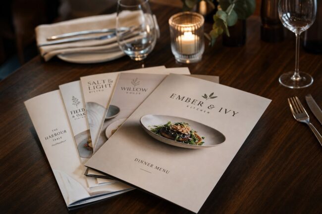 Stack of A4 restaurant menus with matte lamination fanned out on a dark timber dining table