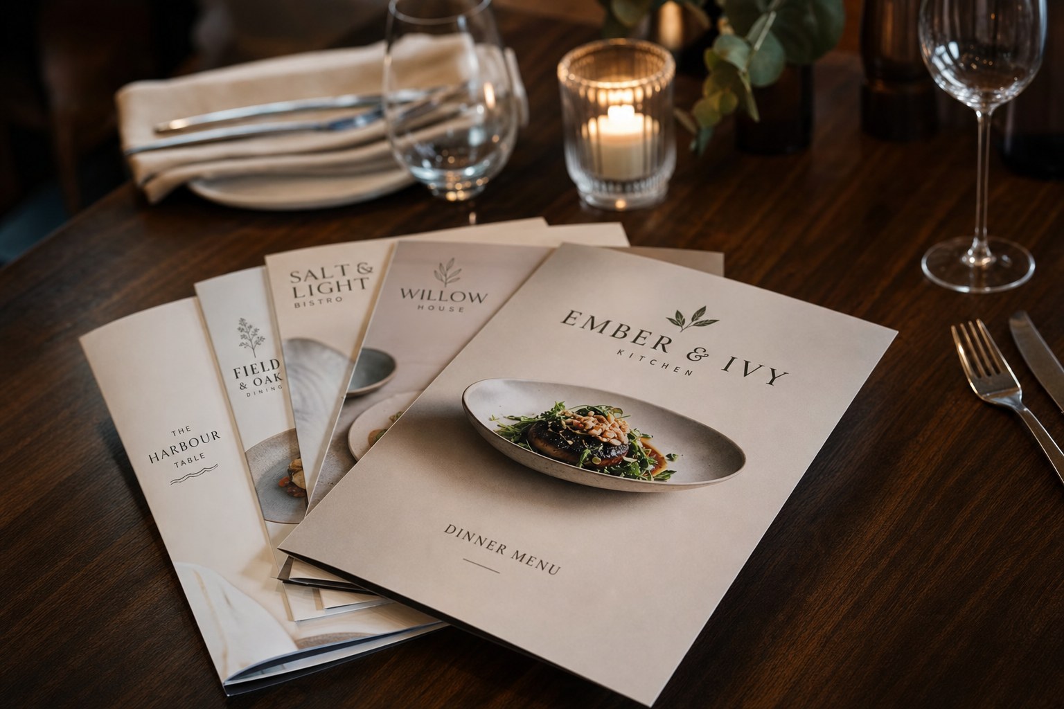 Stack of A4 restaurant menus with matte lamination fanned out on a dark timber dining table