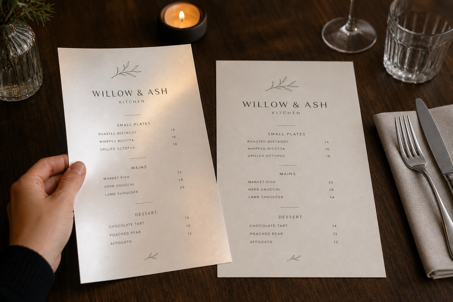 Two restaurant menu sheets side by side comparing 170gsm and 300gsm paper weight