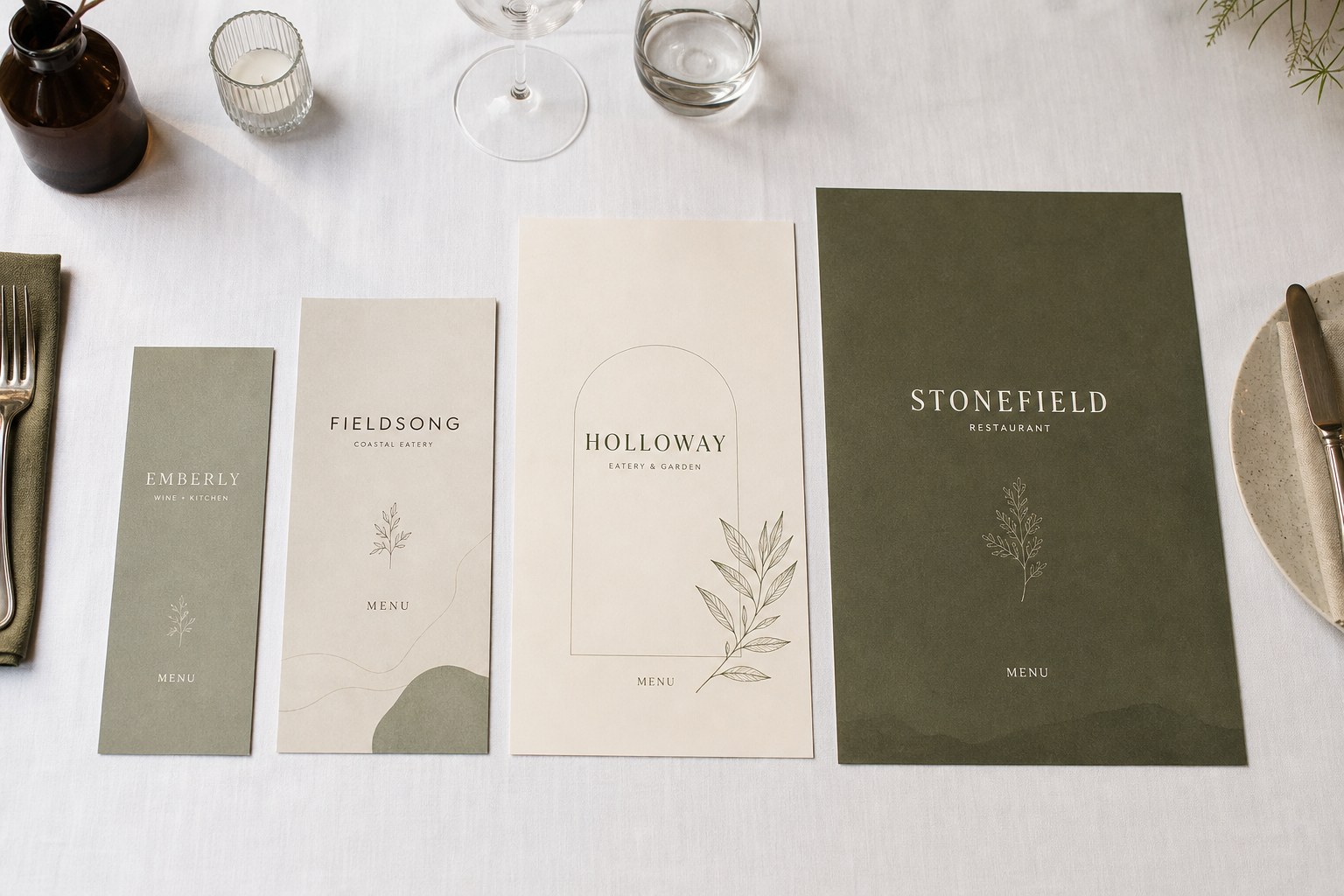 Restaurant menus printed in DL, A5, A4 and A3 sizes arranged in a flat lay