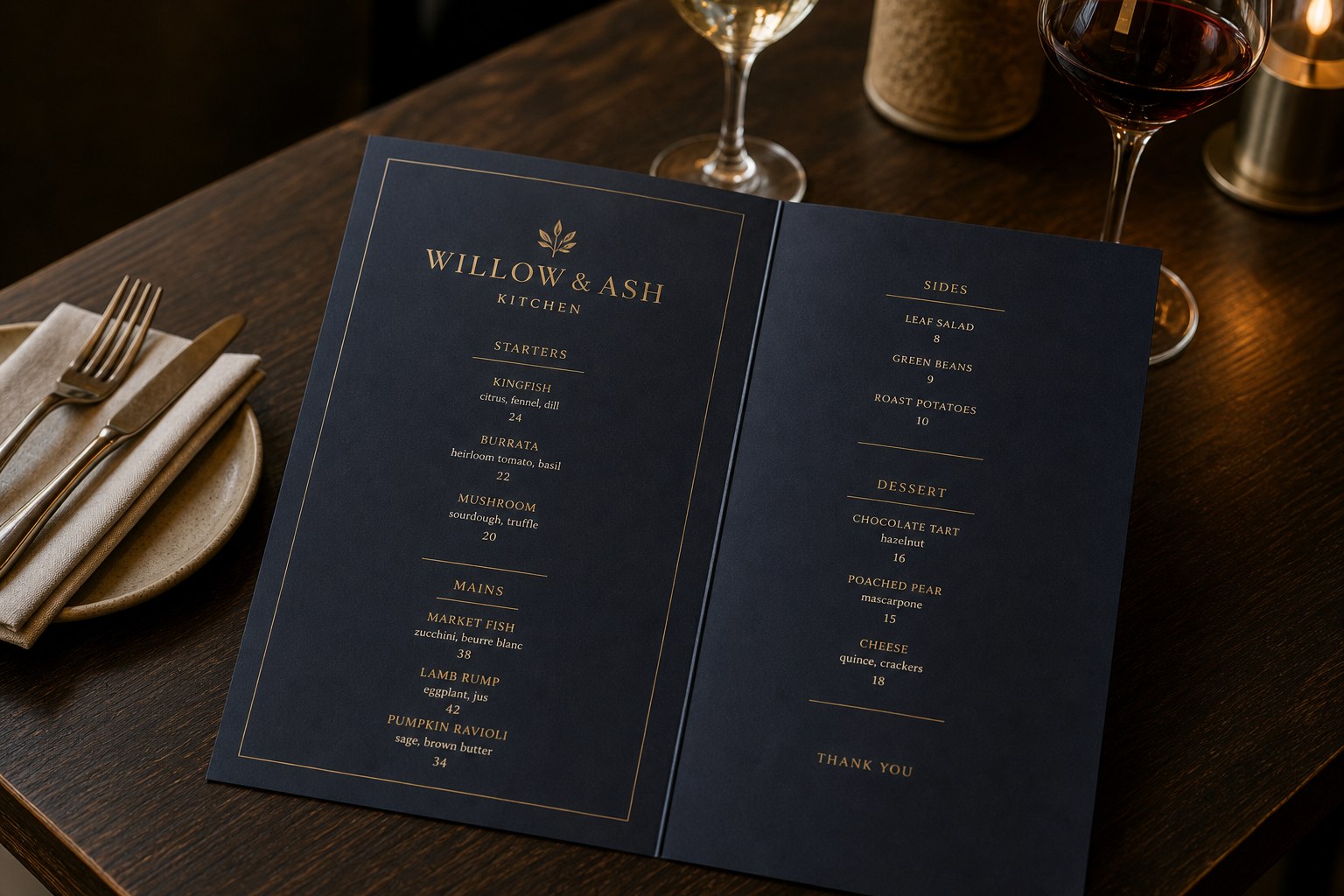 Gold foil restaurant menu on deep navy card in a fine dining place setting