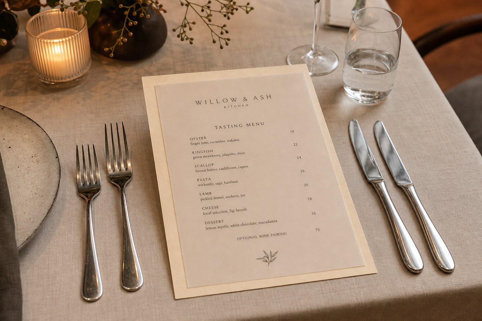 Translucent vellum restaurant menu laid over a cream backing card in candlelight