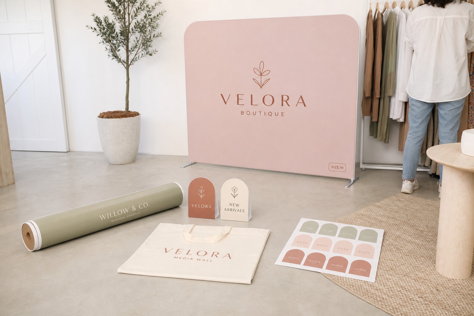 Flat-lay of retail boutique opening print collateral on a white surface