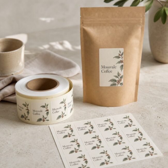 Roll and sheet labels side by side · white cast paper and vinyl stocks · full-colour digital print · gloss laminate