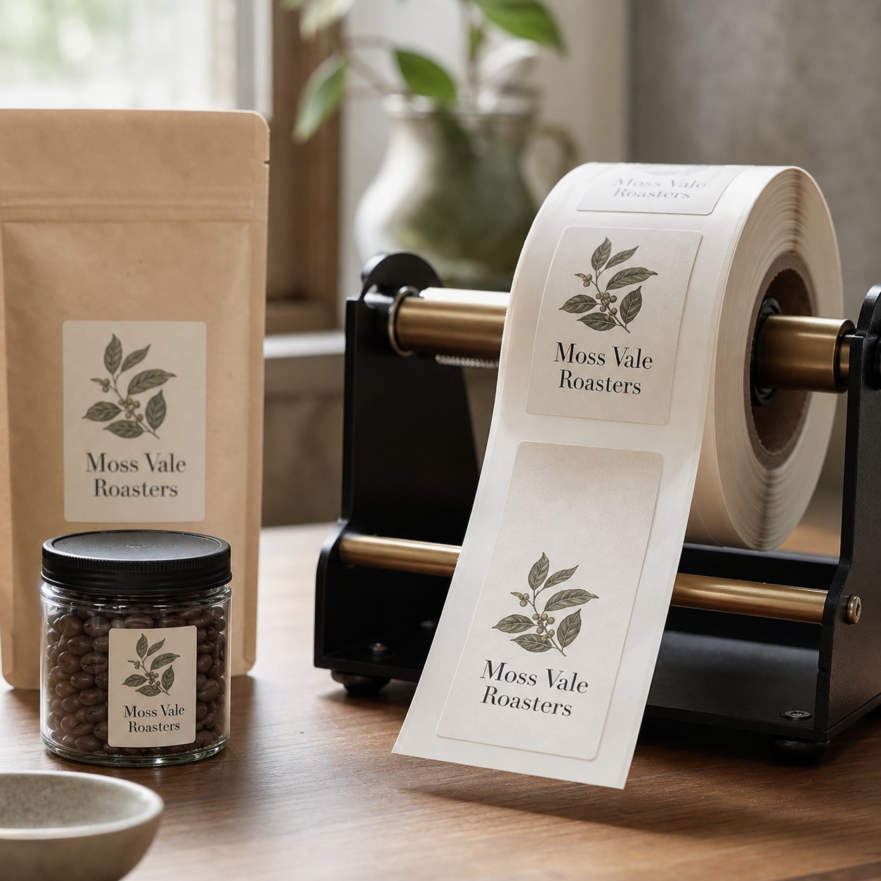 Roll labels on a bench-top applicator · vinyl stock · full-colour digital print · gloss laminate · peels one at a time