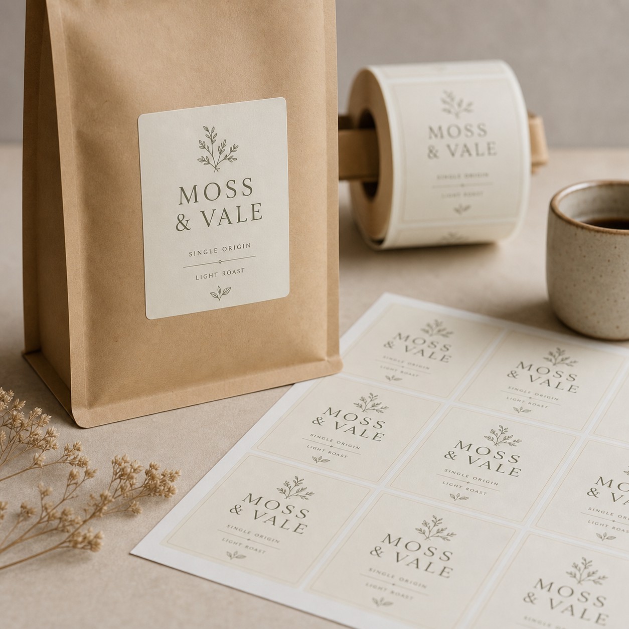 Sheet labels on an A4 backing sheet · white cast paper · full-colour digital print · matte laminate · desktop small-run format