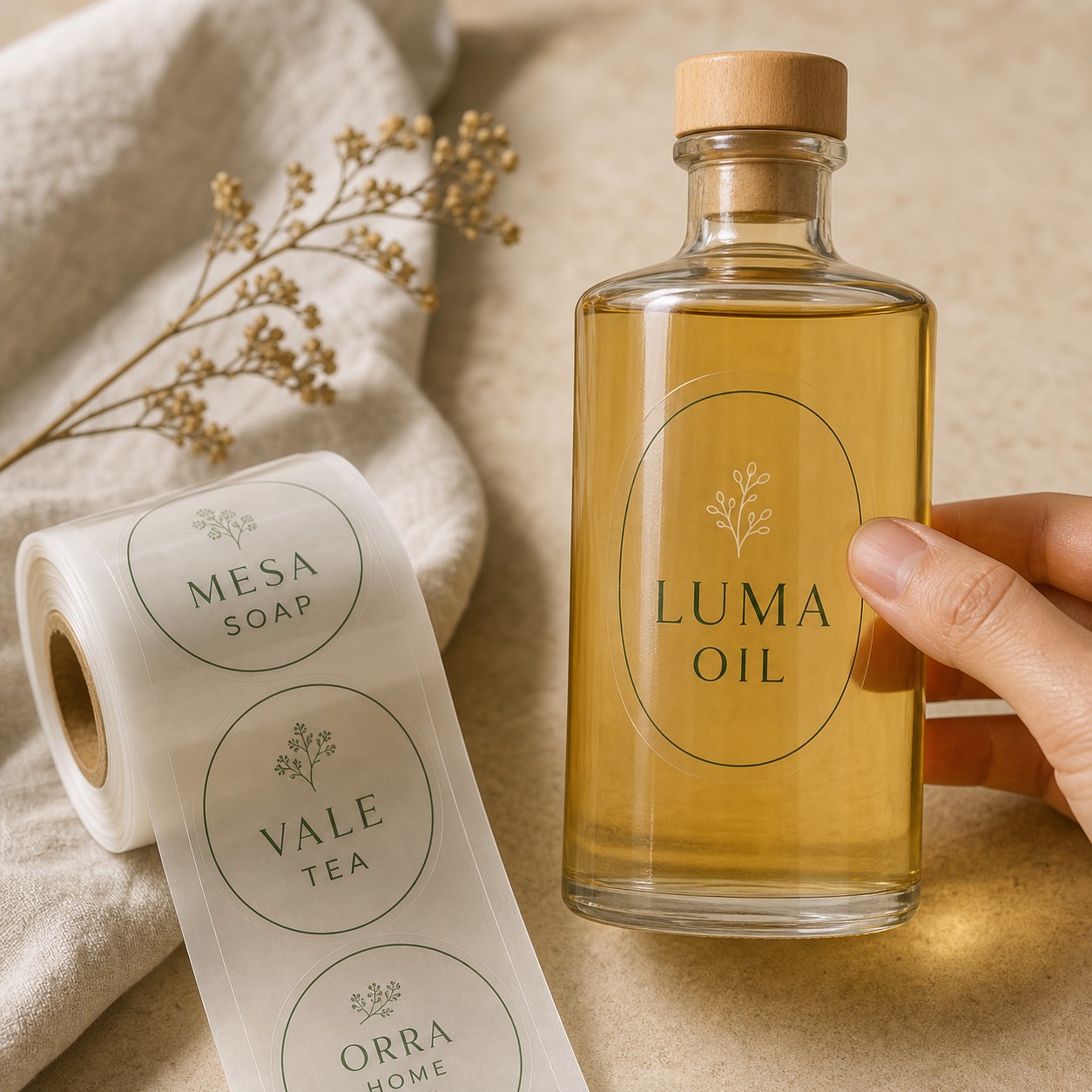 Clear vinyl labels with a no-label look on a glass bottle · transparent vinyl film · full-colour digital print · gloss finish