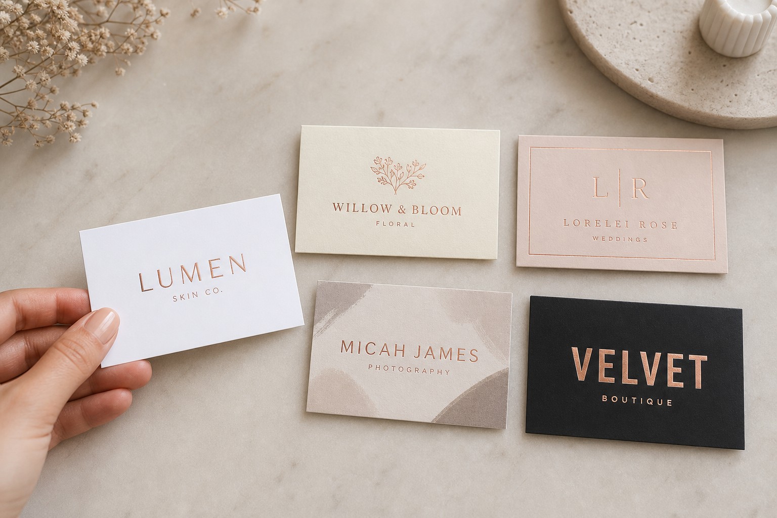 A flat-lay of five rose gold foil business cards for five different brand types