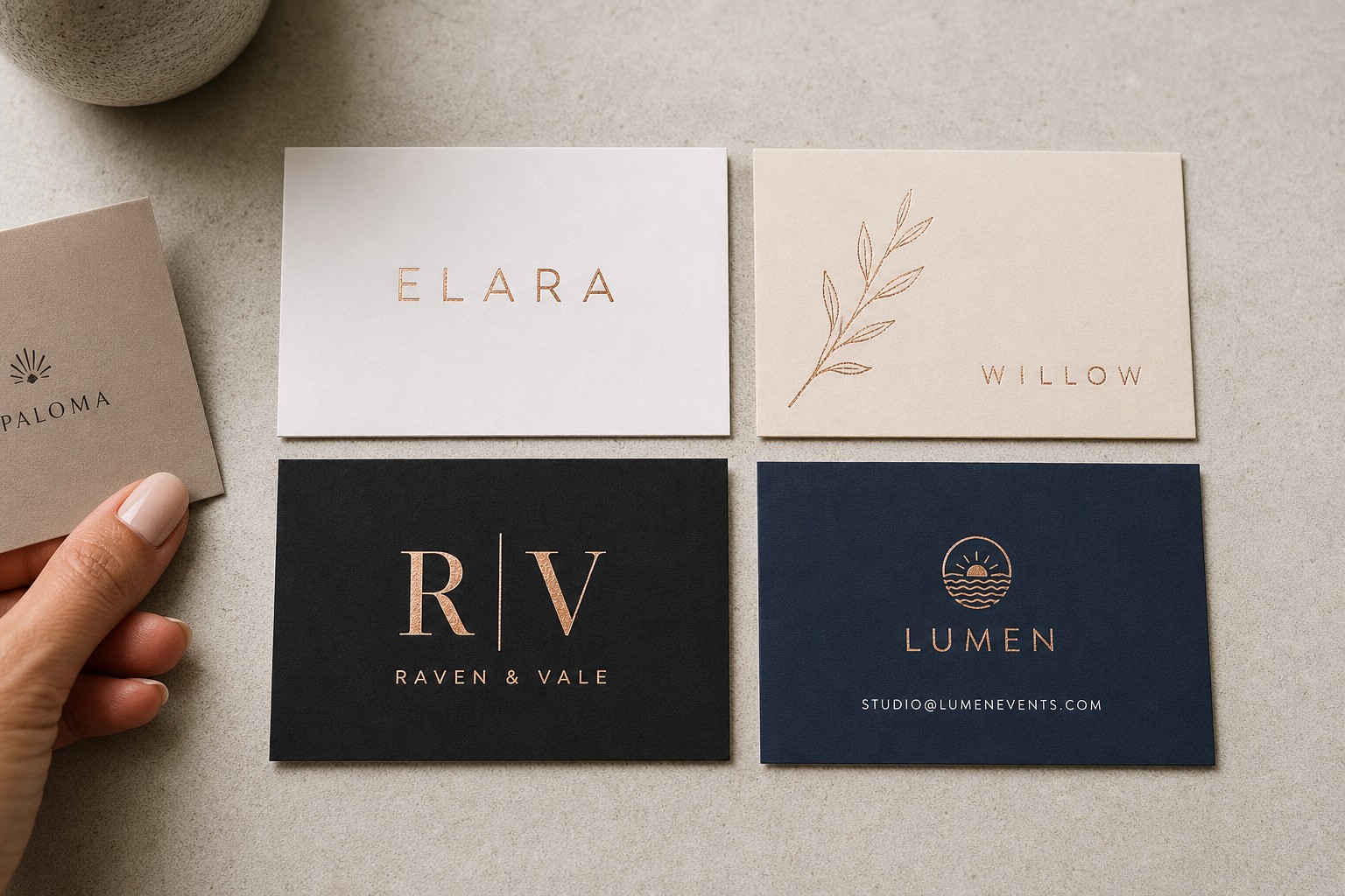 Four rose gold foil business card design examples arranged in a 2x2 grid