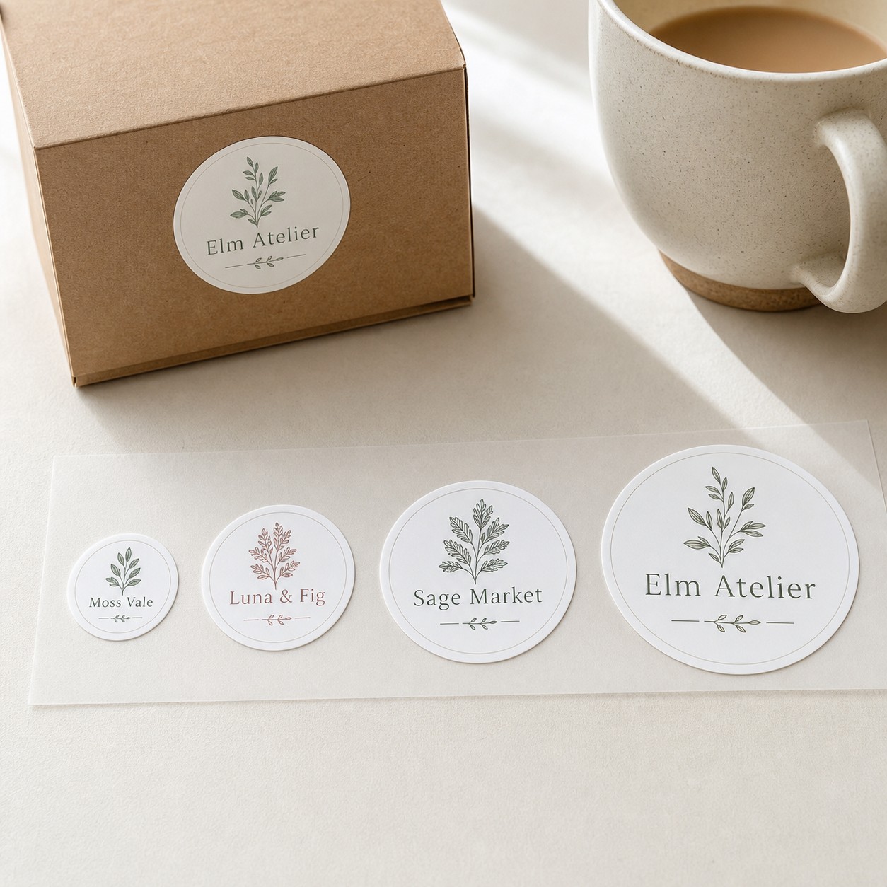 Round circle stickers as a matching label set · 80-micron white vinyl · full-colour digital print · matte finish