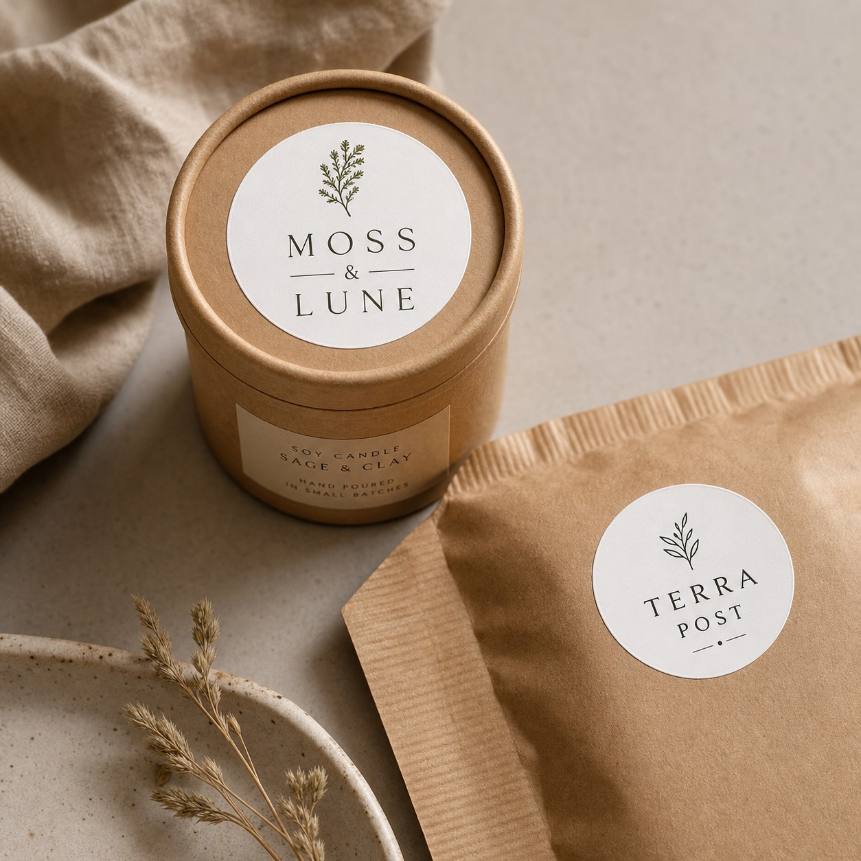 Round sticker as a packaging seal on a candle jar and mailer · white vinyl · full-colour digital print · matte laminate