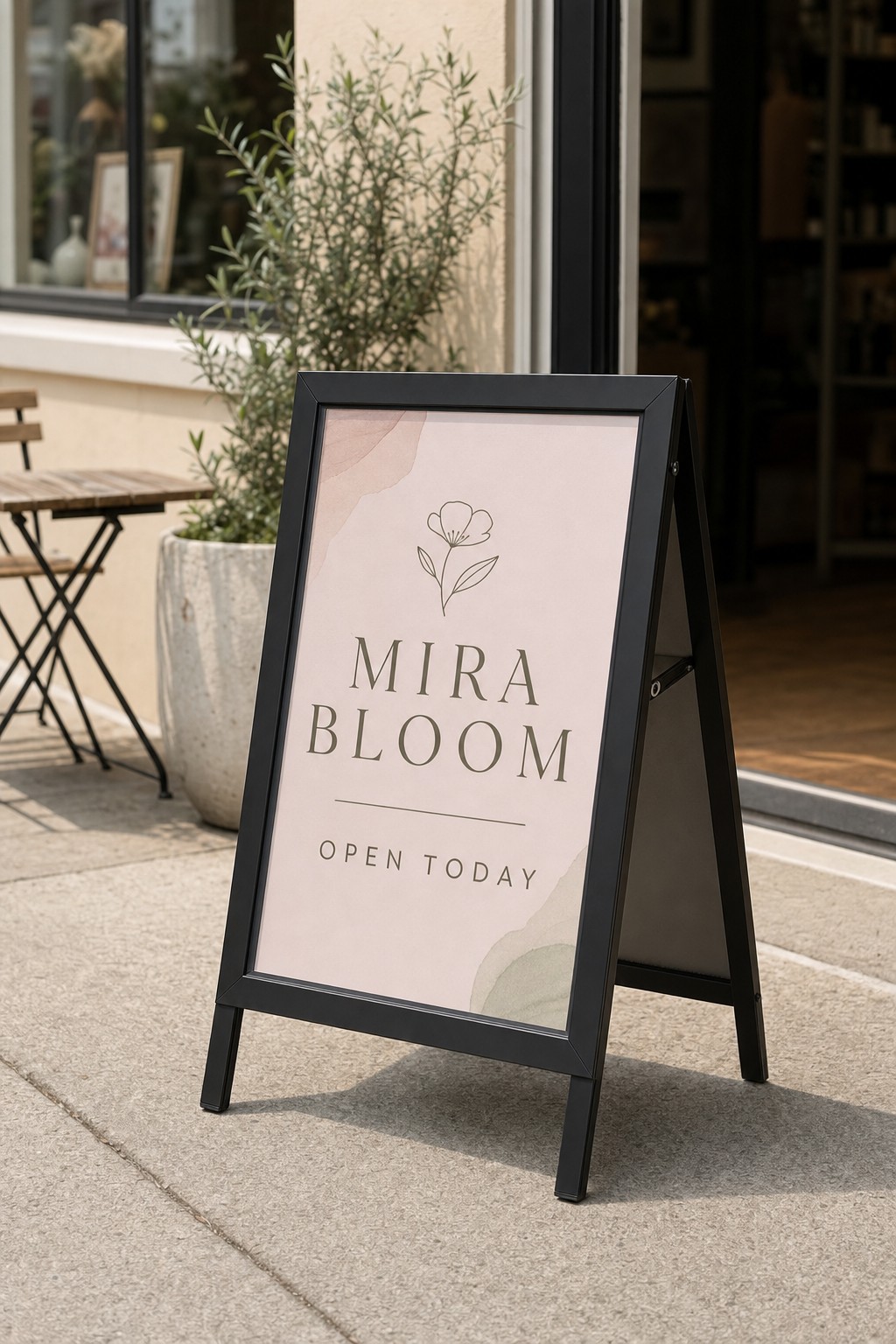 Snap-open aluminium A-frame · poster paper insert · full-colour digital print · clear protective cover · under-a-minute message change