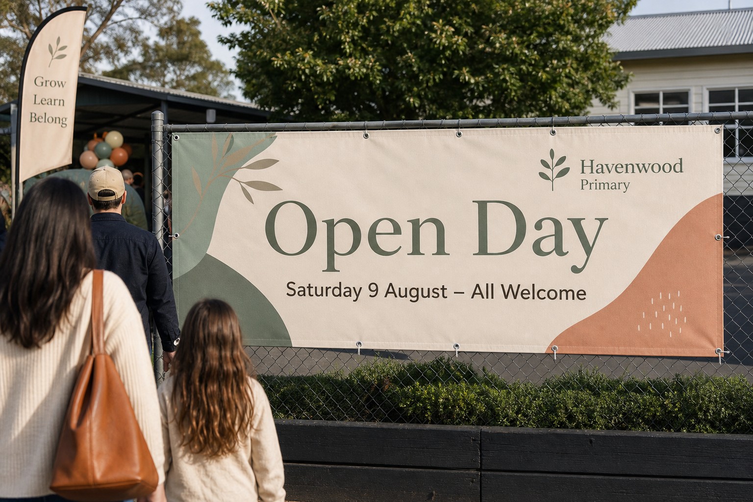 A primary school open-day vinyl banner secured through a chain-link fence