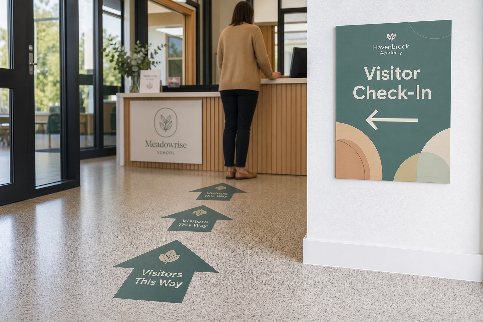 A school administration foyer with anti-slip floor sticker arrows in the school's brand colours pointing toward a visitor sign-in desk