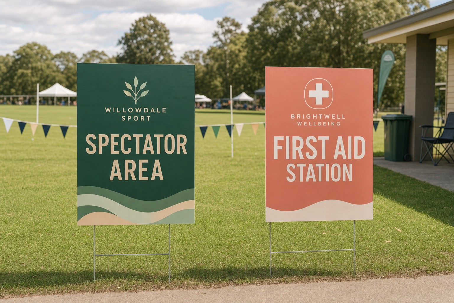 Outdoor school sports day with 600 x 900mm corflute signs on H-stakes marking the spectator area and first-aid station