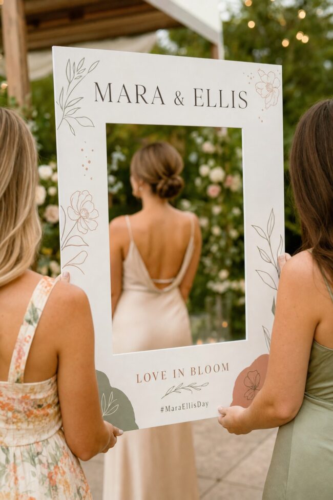 Custom wedding selfie frame · 5mm TEKpvc Foamboard · full-colour print · clean-cut white edge · A1 594mm x 841mm