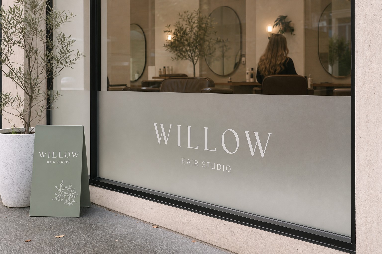 A boutique hair salon interior with a frosted vinyl band running across the lower two-thirds of the shopfront window