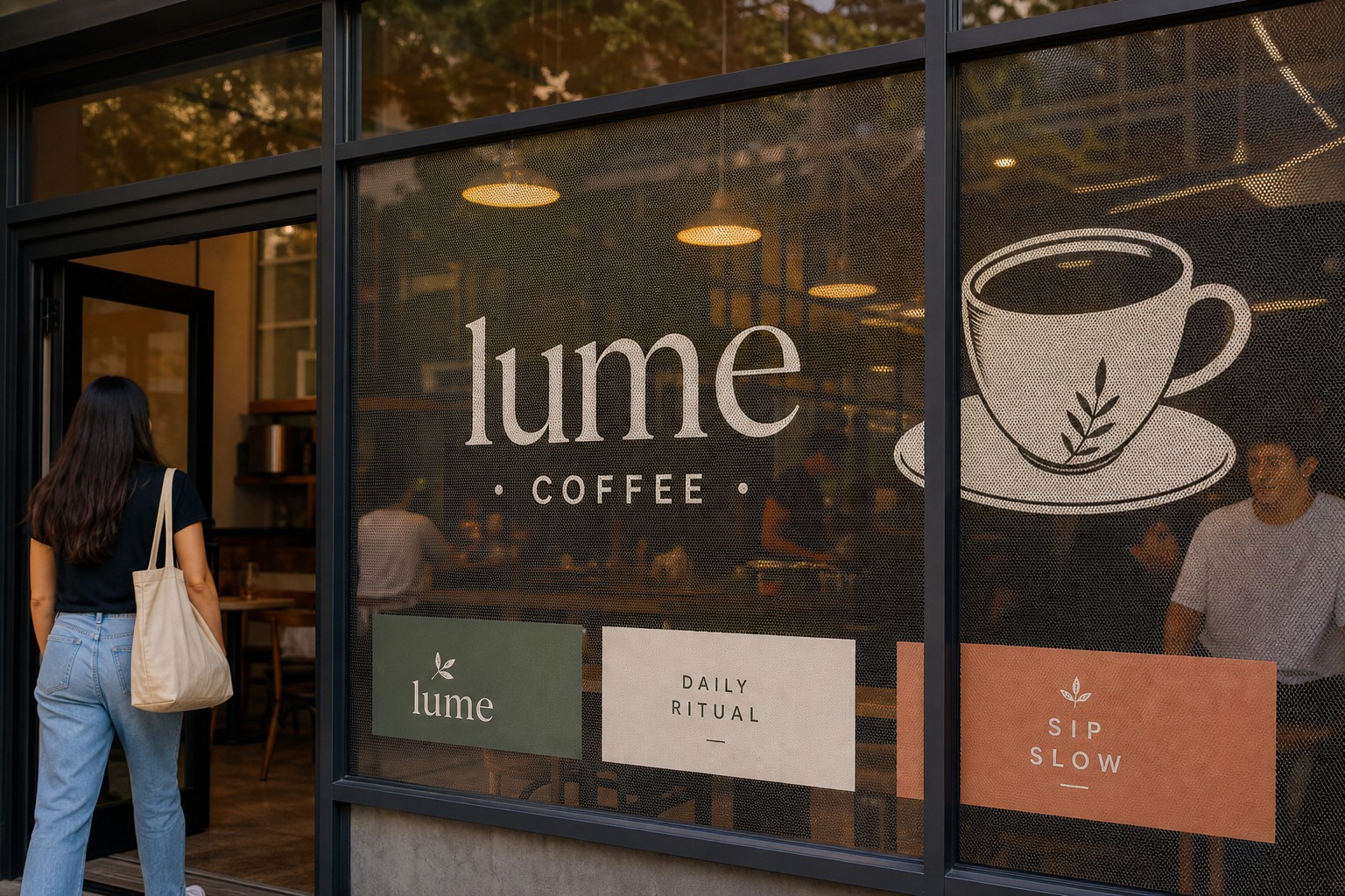 A busy inner-city cafe photographed from the street through its floor-to-ceiling one-way perforated mesh window graphic