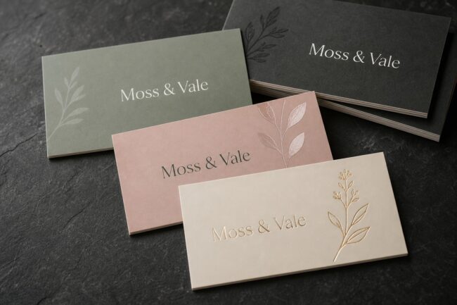 Premium finished business cards fanned on a dark surface · velvet laminate artboard · full-colour digital print · soft-touch matte, spot UV and raised-foil finishes