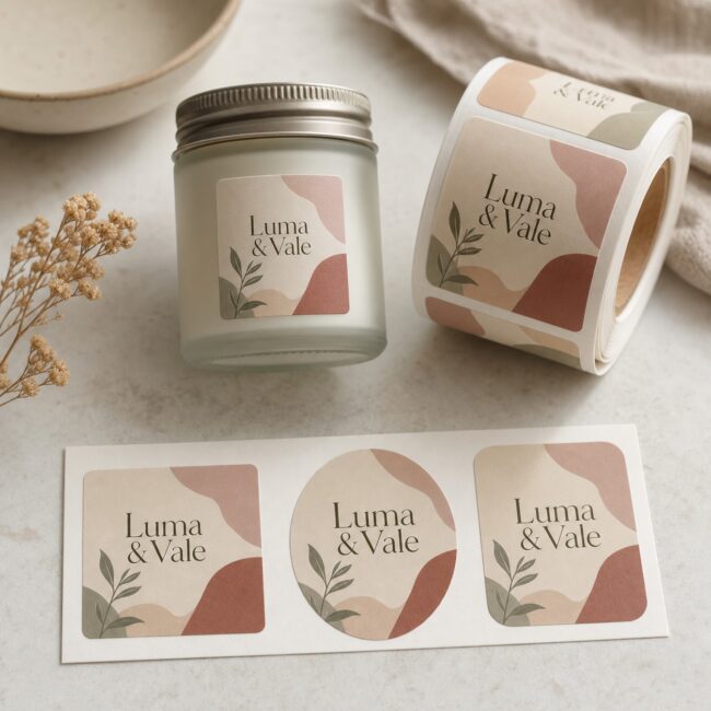 Square, oval and rounded-corner labels · paper and vinyl stocks · full-colour digital print · matte and gloss laminate