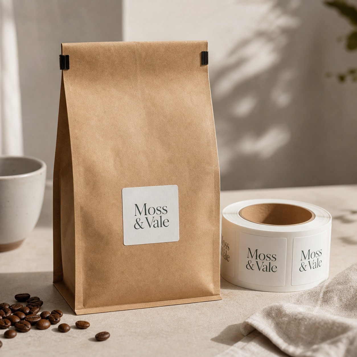 Square label on a kraft coffee bag · white paper stock · full-colour digital print · matte laminate