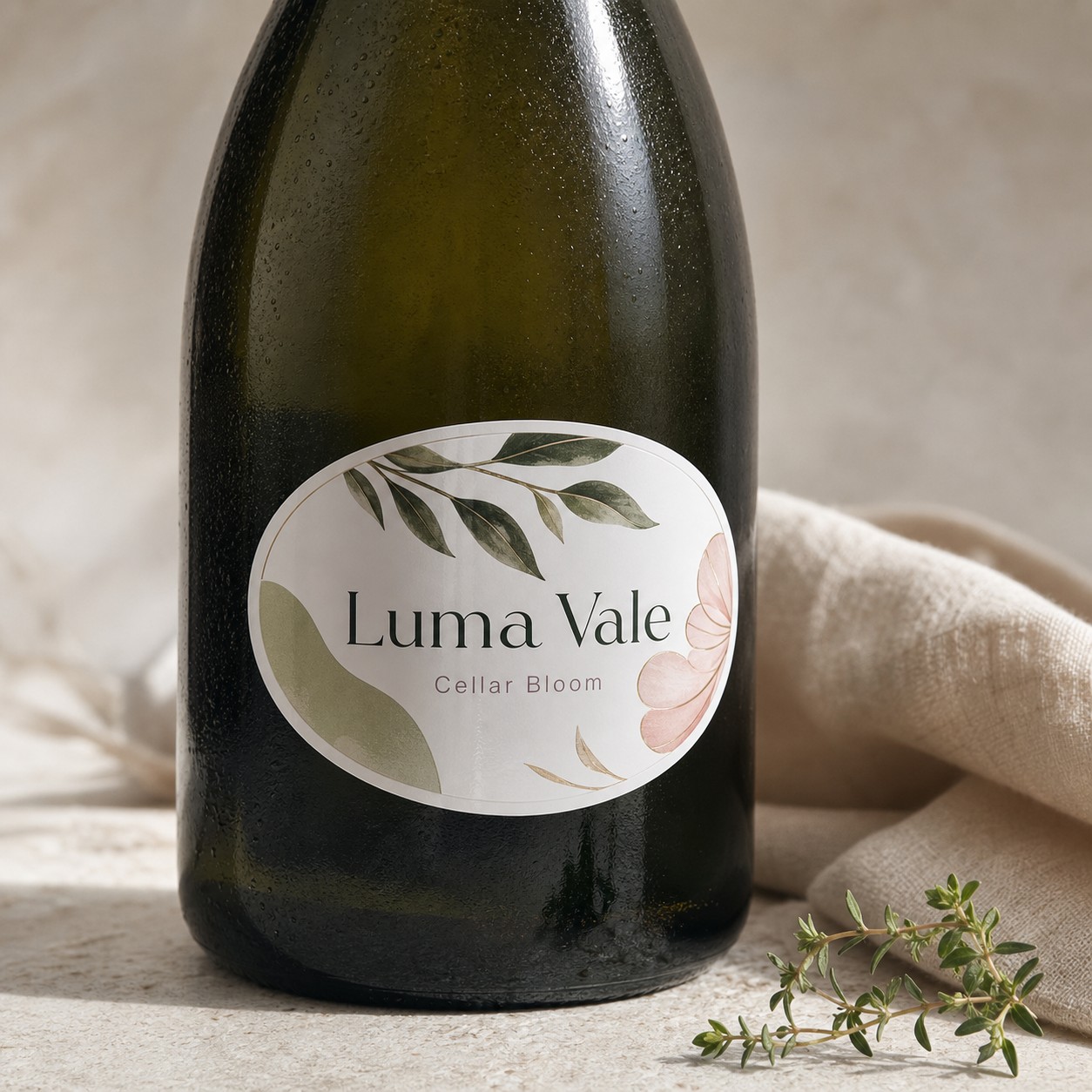 Oval label on a wine bottle · vinyl stock · full-colour digital print · gloss laminate · chilled-retail ready