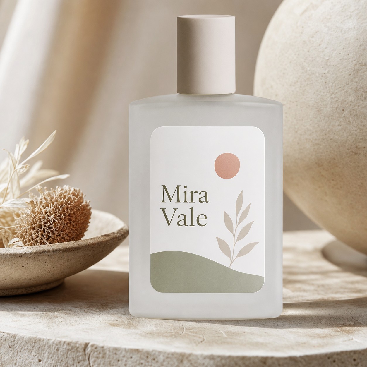 Rounded-corner label on a frosted skincare bottle · clear vinyl with white ink · full-colour digital print · matte laminate