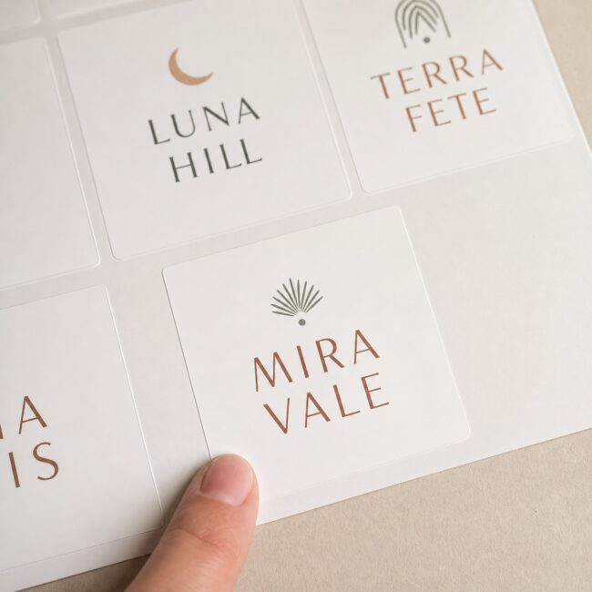 Square stickers · white vinyl · full-colour digital print · gloss laminate · peel-off backing sheet