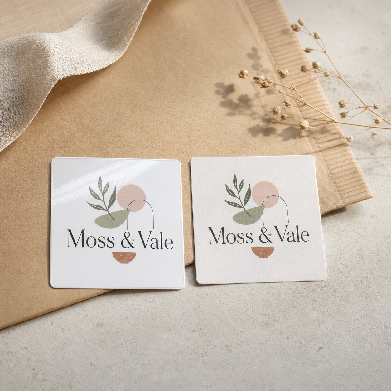 Left: gloss vinyl · Right: matte paper · square stickers · full-colour digital print