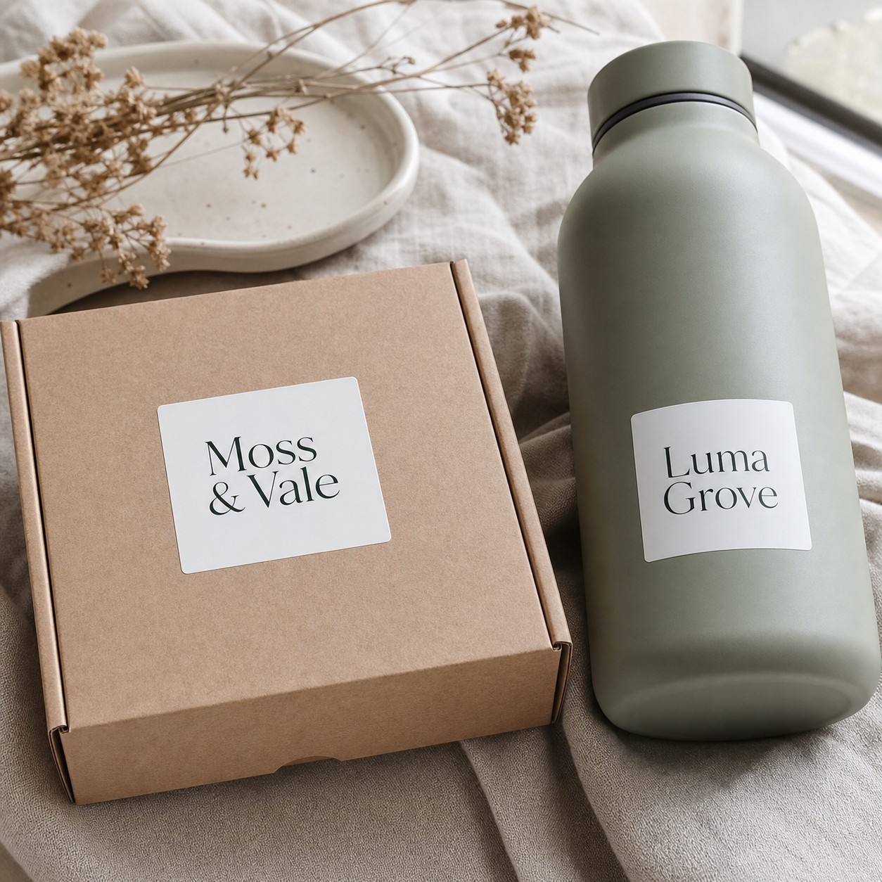 Square sticker as product branding on a box and drink bottle · white vinyl · full-colour digital print · matte laminate