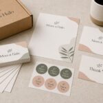 Startup branding print kit · matte cardstock, letterhead and circle stickers · full-colour digital print · matte finish · one cohesive boutique brand