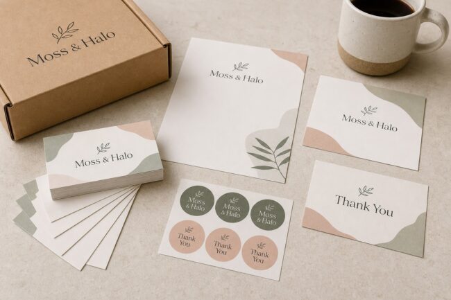 Startup branding print kit · matte cardstock, letterhead and circle stickers · full-colour digital print · matte finish · one cohesive boutique brand