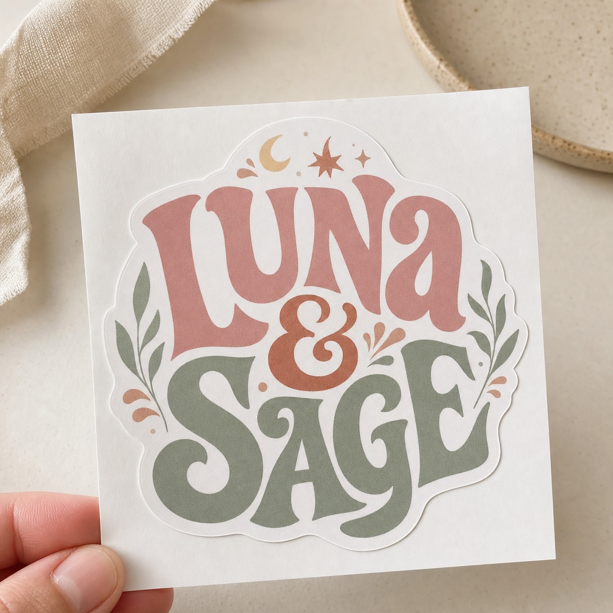 Custom die-cut sticker, contour cut to the artwork · white vinyl · full-colour digital print · gloss laminate