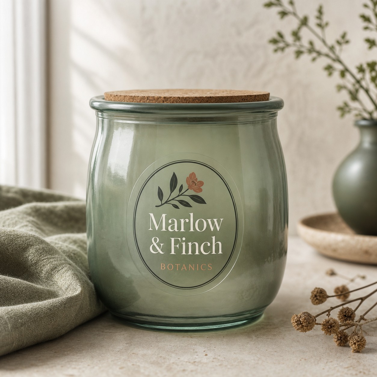 Clear sticker on a coloured glass jar · transparent vinyl film · full-colour digital print · no-label transparent look