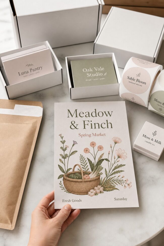 Flyers, business cards and labels · uncoated card and label stock · full-colour digital print · matte finish · boxed for express courier despatch