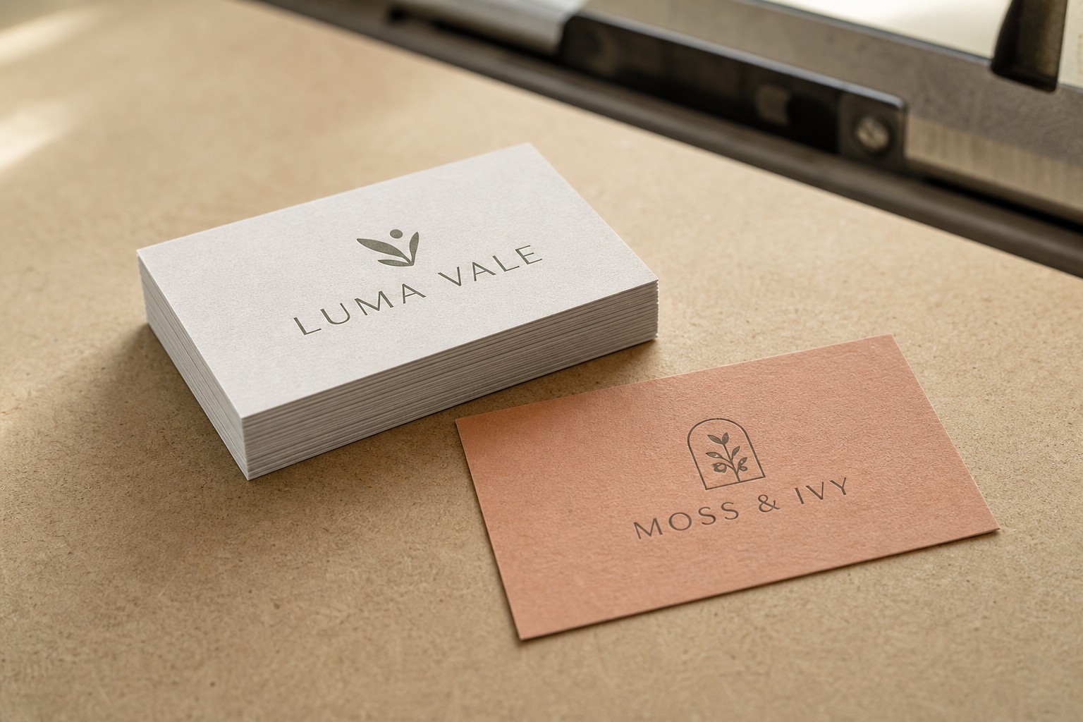 Standard business cards · uncoated white card stock · full-colour digital print · matte finish · guillotine-trimmed stack