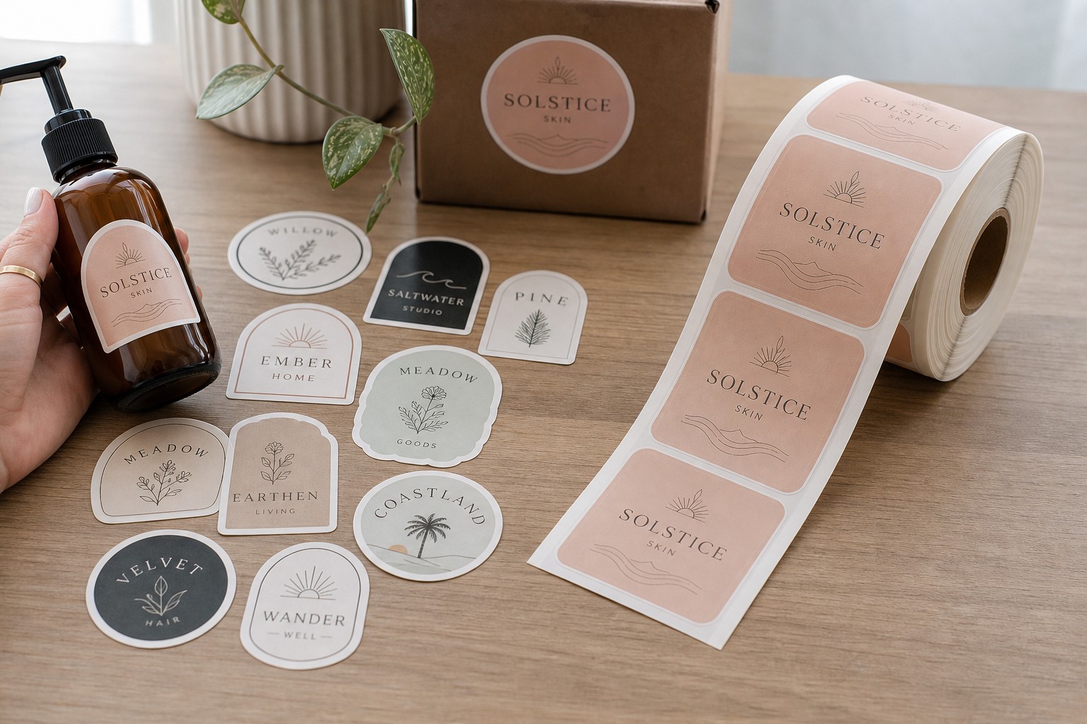Flat lay of die-cut vinyl stickers in a brand kit next to a label sheet on rolls